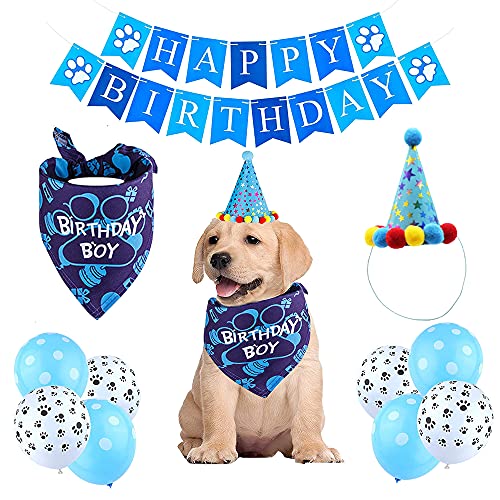 Hund Geburtstag Bandana,Hund Geburtstag Deko,Hundegeburtstagsparty,Hund Geburtstagshut,Hund Geburtstag Bandana Hut Banner Set,Dog Birthday Boy,Dog Happy Birthday(Blue) von HIQE-FL