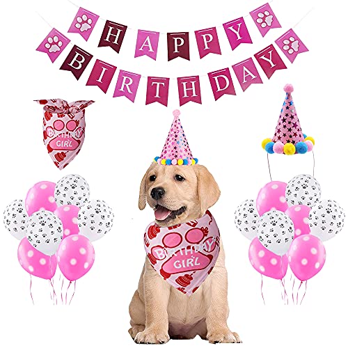 Hund Geburtstag Bandana,Hund Geburtstag Deko,Hundegeburtstagsparty,Hund Geburtstagshut,Hund Geburtstag Bandana Hut Banner Set,Dog Birthday Girl,Dog Happy Birthday(Rosa) von HIQE-FL