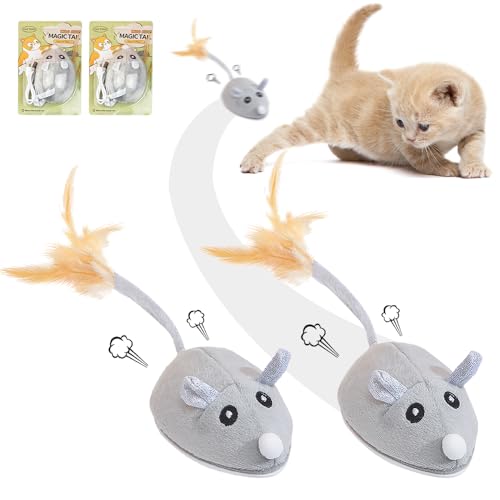 HIULLEN Katzenspielzeug Elektrisch Spielmaus, 2 Stück Magic Maus Katze, Interaktives Katzenspielzeug mit Federschwanz, katzenspielzeug Maus Elektrisch für Gegen Langeweile und Katzenauslauf von HIULLEN