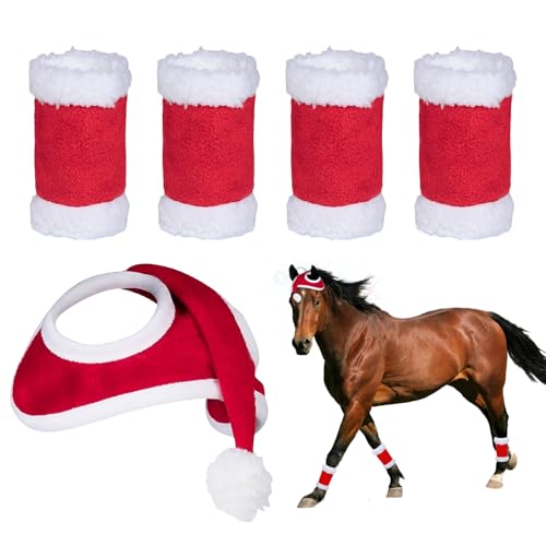 HIXNUG 5 x Weihnachtspferd-Zubehör, Nikolausmütze für Pferd und 4 x Weihnachtspferde-Beinwickel für Pferde, Winter, Weihnachten, Urlaub, Party-Zubehör HIXNUG 5 x Weihnachtspferd-Zubehör, Nikolausmütze für Pferd und 4 x Weihnachtspferde-Beinwickel für Pferde, Winter, Weihnachten, Urlaub, Party-Zubehör von HIXNUG