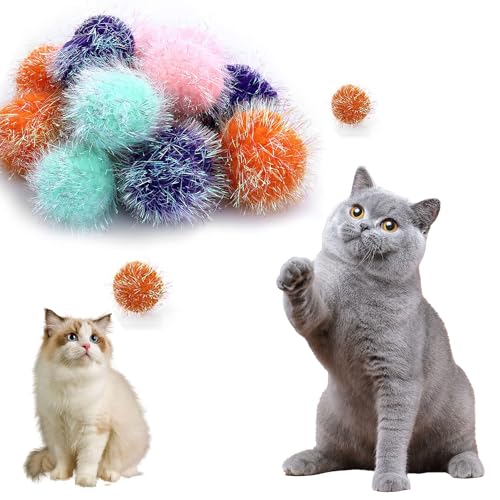 HIXNUG Katzenspielzeugbälle, 2,5 cm, weiche Katzenbälle, pelziges Kätzchen, Haustierspielzeug, interaktive Pompom-Bälle, Spielzeug, Katzenkauspielzeug, zufällige Farbe, für Indoor-Kätzchen (20) von HIXNUG
