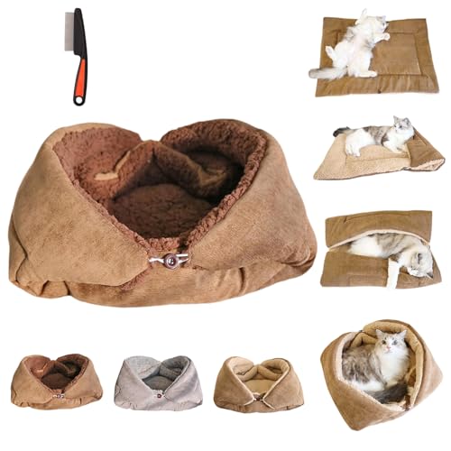 HItianya 2 in 1 Kuschelbett Und Decke für Katzen, Faltbare Katzenkörbchen Flauschig, Plüsch Weich Katze Schlafen Bett, Leicht Zu Reinigendes, Vier Nutzungsmodi, beidseitige Nutzung (Dunkelbraun, S) von HItianya