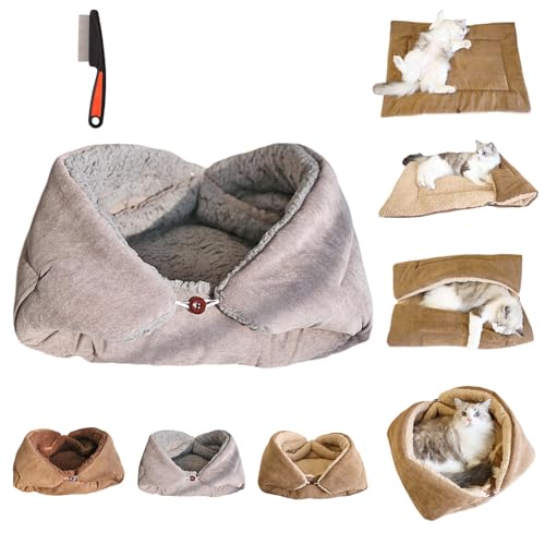 HItianya 2 in 1 Kuschelbett Und Decke für Katzen, Faltbare Katzenkörbchen Flauschig, Plüsch Weich Katze Schlafen Bett, Leicht Zu Reinigendes, Vier Nutzungsmodi, beidseitige Nutzung (Grau, S) von HItianya