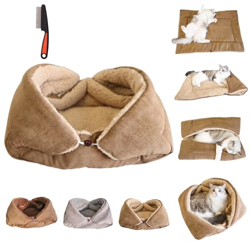 HItianya 2 in 1 Kuschelbett Und Decke für Katzen, Faltbare Katzenkörbchen Flauschig, Plüsch Weich Katze Schlafen Bett, Leicht Zu Reinigendes, Vier Nutzungsmodi, beidseitige Nutzung (Hellbraun, M) von HItianya