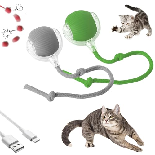 HItianya Automatisch Rollender Ball, Aktiver Rollball mit Schwanz für Hunde, Intelligenter Katzenspielzeugball, 360° Intelligenter Automatischer Rollball mit Schwanz (Grau+ Grün) von HItianya