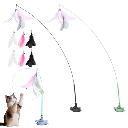 HItianya MeowMastery Toy, MeowMastery Teaser Zauberstab – Teaser Zauberstab mit starkem Saugnapf, 3 Arten von Ersatzfedern, für Erwachsene Hauskatzen, um Langeweile zu vermeiden (Black, Green) von HItianya