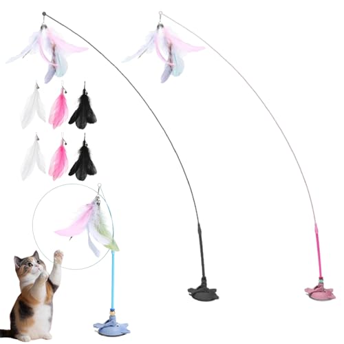 HItianya MeowMastery Toy, MeowMastery Teaser Zauberstab – Teaser Zauberstab mit starkem Saugnapf, 3 Arten von Ersatzfedern, für Erwachsene Hauskatzen, um Langeweile zu vermeiden (Black, Pink) von HItianya