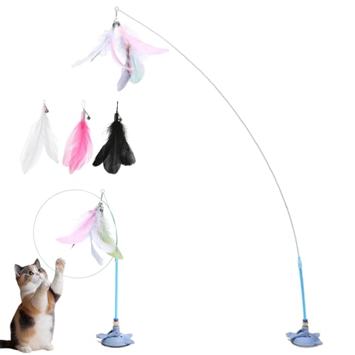 HItianya MeowMastery Toy, MeowMastery Teaser Zauberstab – Teaser Zauberstab mit starkem Saugnapf, 3 Arten von Ersatzfedern, für Erwachsene Hauskatzen, um Langeweile zu vermeiden (Blau) von HItianya