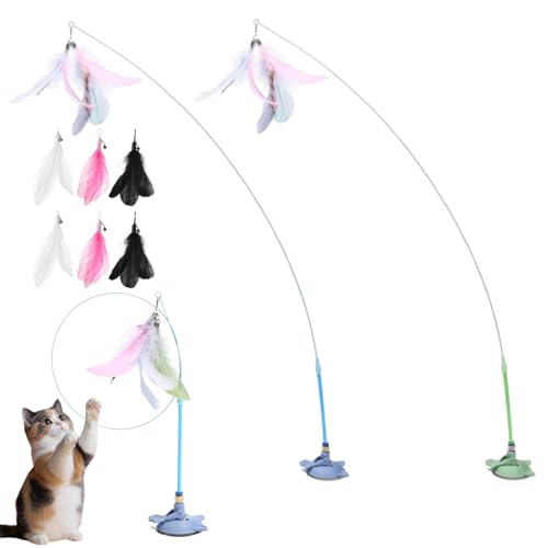 HItianya MeowMastery Toy, MeowMastery Teaser Zauberstab – Teaser Zauberstab mit starkem Saugnapf, 3 Arten von Ersatzfedern, für Erwachsene Hauskatzen, um Langeweile zu vermeiden (Green, Blue) von HItianya