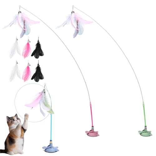 HItianya MeowMastery Toy, MeowMastery Teaser Zauberstab – Teaser Zauberstab mit starkem Saugnapf, 3 Arten von Ersatzfedern, für Erwachsene Hauskatzen, um Langeweile zu vermeiden (Green, Pink) von HItianya