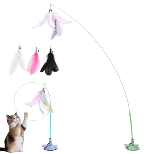 HItianya MeowMastery Toy, MeowMastery Teaser Zauberstab – Teaser Zauberstab mit starkem Saugnapf, 3 Arten von Ersatzfedern, für Erwachsene Hauskatzen, um Langeweile zu vermeiden (Grün) von HItianya