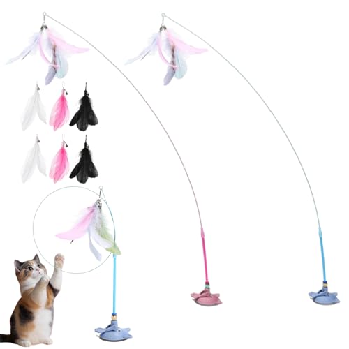 HItianya MeowMastery Toy, MeowMastery Teaser Zauberstab – Teaser Zauberstab mit starkem Saugnapf, 3 Arten von Ersatzfedern, für Erwachsene Hauskatzen, um Langeweile zu vermeiden (Pink, Blue) von HItianya