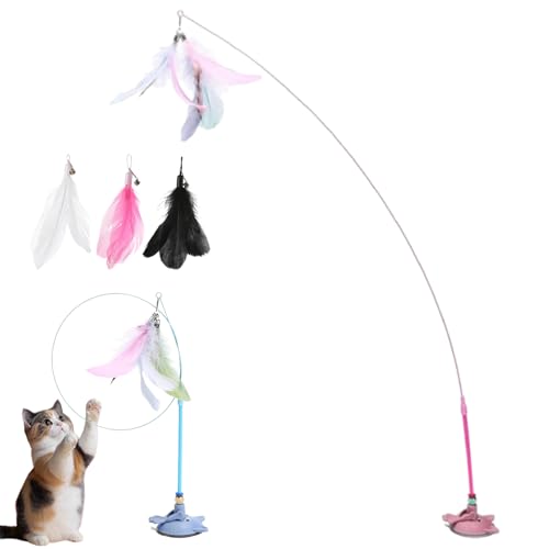 HItianya MeowMastery Toy, MeowMastery Teaser Zauberstab – Teaser Zauberstab mit starkem Saugnapf, 3 Arten von Ersatzfedern, für Erwachsene Hauskatzen, um Langeweile zu vermeiden (Rosa) von HItianya