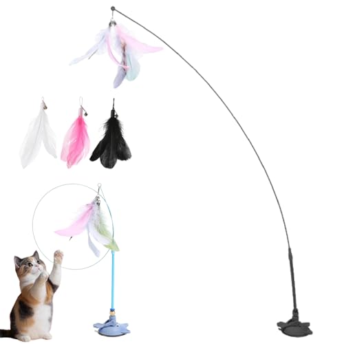 HItianya MeowMastery Toy, MeowMastery Teaser Zauberstab – Teaser Zauberstab mit starkem Saugnapf, 3 Arten von Ersatzfedern, für Erwachsene Hauskatzen, um Langeweile zu vermeiden (Schwarz) von HItianya