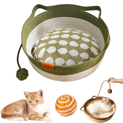 HItianya Virelapets Katzenkorb aus gewebtem Seil, Virela Katzenkorb aus gewebtem Seil, handgewebter Katzenkorbs aus Seils mit integrierter Kratzmatte und Spielball (Green (Padded), 13 in) von HItianya