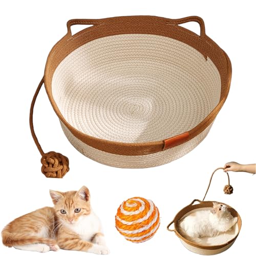 HItianya Virelapets Katzenkorb aus gewebtem Seil, Virela Katzenkorb aus gewebtem Seil, handgewebter Katzenkorbs aus Seils mit integrierter Kratzmatte und Spielball (Khaki, 16 in) von HItianya