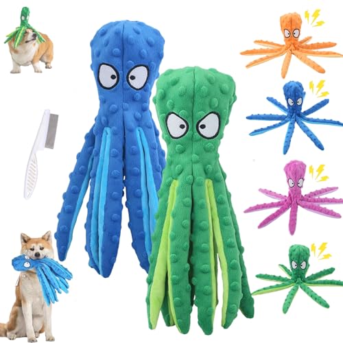 HItianya Whiskerspot Octopus Hundespielzeug, Whiskerspot ECO-Friend Octopus Quietschender Plüsch, Keine Füllungsfalten Interaktives Kauspielzeug für kleine, mittlere und große Hunde (Blau, Grün) von HItianya