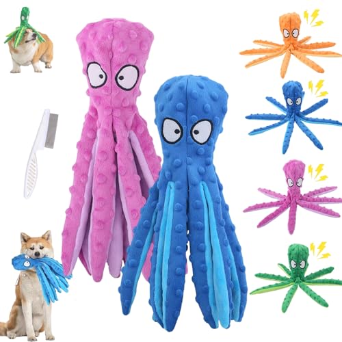 HItianya Whiskerspot Octopus Hundespielzeug, Whiskerspot ECO-Friend Octopus Quietschender Plüsch, Keine Füllungsfalten Interaktives Kauspielzeug für kleine, mittlere und große Hunde (Blau, Lila) von HItianya