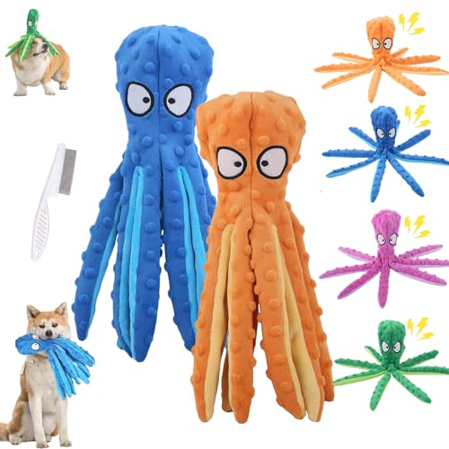 HItianya Whiskerspot Octopus Hundespielzeug, Whiskerspot ECO-Friend Octopus Quietschender Plüsch, Keine Füllungsfalten Interaktives Kauspielzeug für kleine, mittlere und große Hunde (Blau,Orange) von HItianya