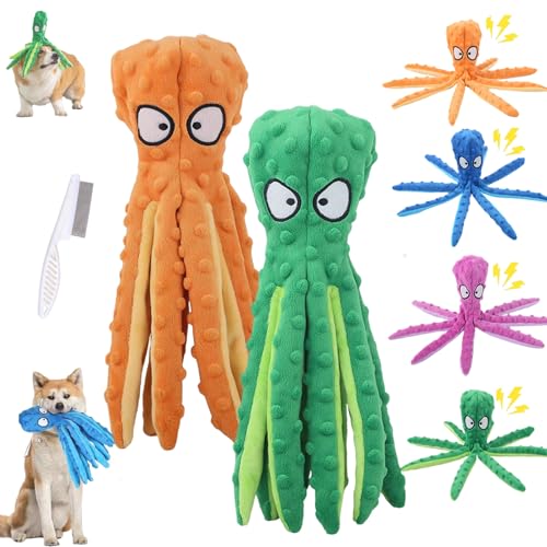 HItianya Whiskerspot Octopus Hundespielzeug, Whiskerspot ECO-Friend Octopus Quietschender Plüsch, Keine Füllungsfalten Interaktives Kauspielzeug für kleine, mittlere und große Hunde (Grün, Orange) von HItianya