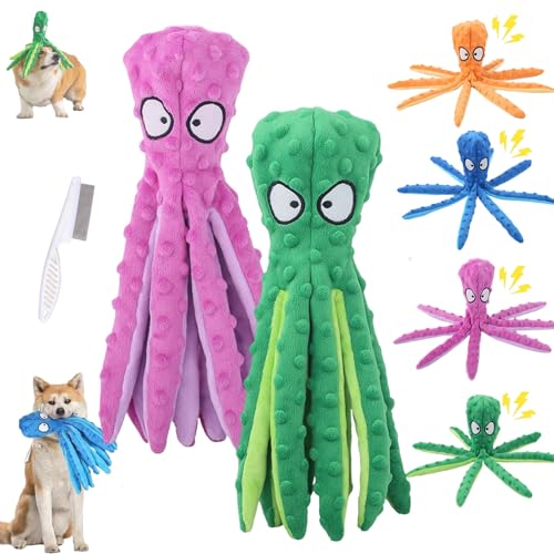 HItianya Whiskerspot Octopus Hundespielzeug, Whiskerspot ECO-Friend Octopus Quietschender Plüsch, Keine Füllungsfalten Interaktives Kauspielzeug für kleine, mittlere und große Hunde (Grün, Lila) von HItianya