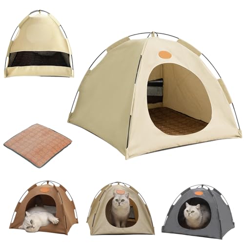 Kühlzelt Katze, Katzen Kühlzelt, Faltbar Tragbares Haustierzelt mit Rattan Matte, Natürliche Kühlung, Leicht und Atmungsaktiv, Ideal als Katzenhaus, Hundezelt (Beige, XL: 58 * 58 * 48cm) von HItianya