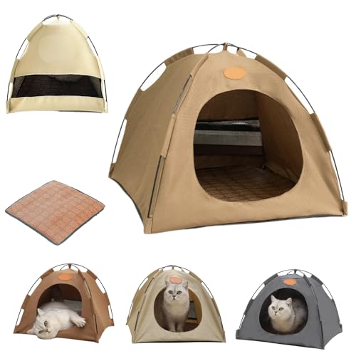 Kühlzelt Katze, Katzen Kühlzelt, Faltbar Tragbares Haustierzelt mit Rattan Matte, Natürliche Kühlung, Leicht und Atmungsaktiv, Ideal als Katzenhaus, Hundezelt (Braun, XL: 58 * 58 * 48cm) von HItianya