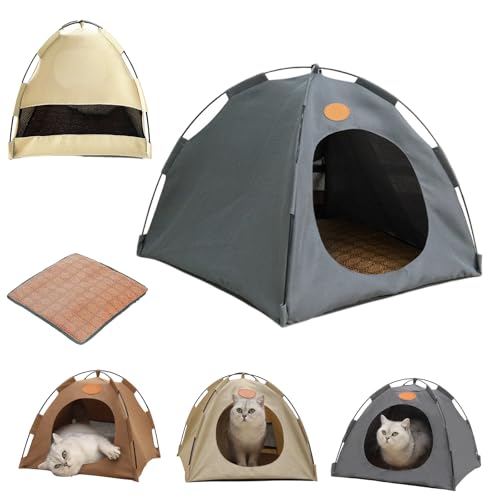 Kühlzelt Katze, Katzen Kühlzelt, Faltbar Tragbares Haustierzelt mit Rattan Matte, Natürliche Kühlung, Leicht und Atmungsaktiv, Ideal als Katzenhaus, Hundezelt (Grau, XL: 58 * 58 * 48cm) von HItianya
