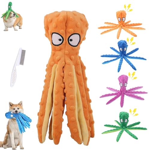 Whiskerspot Octopus Hundespielzeug, Whiskerspot ECO-Friend Octopus Quietschender Plüsch, Keine Füllungsfalten Interaktives Kauspielzeug für kleine, mittlere und große Hunde (Orange) von HItianya