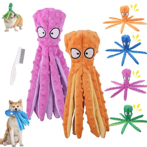 Whiskerspot Octopus Hundespielzeug, Whiskerspot ECO-Friend Octopus Quietschender Plüsch, Keine Füllungsfalten Interaktives Kauspielzeug für kleine, mittlere und große Hunde (Orange, Lila) von HItianya
