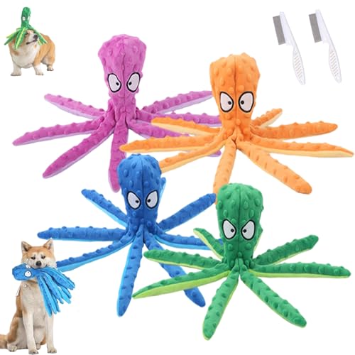 Whiskerspot Octopus Hundespielzeug, Whiskerspot ECO-Friend Octopus Quietschender Plüsch, keine Füllungsfalten Interaktives Kauspielzeug für kleine, mittlere und große Hunde (Blau, Grün, Orange, Lila) von HItianya