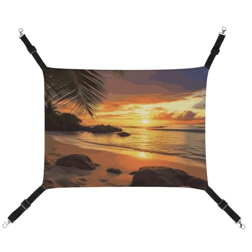 HJUQNGF Katzen-Hängematte, weich, atmungsaktiv, Haustier-Hängematte mit Metallhaken, tropischer Strand, Küste, Sonnenuntergang, Schlafhängematte, tragbare Katzenkäfigbett für Katzen, kleine Hunde, von HJUQNGF