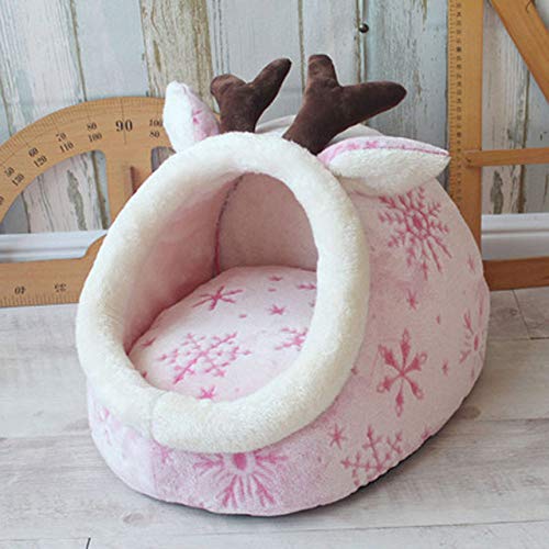 Pet Bed Dog House Zwinger Doggy Warm Cushion Basket, für Hunde Strawberry Cave Cat Tent Welpennestmatte, Weihnachtshirsch, 50x47x35 cm von HJWXY
