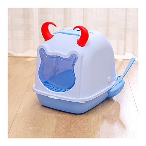 HJXX Katzenklo Katze Wurf Boxpfanne mit Schaufeln und Kapuze Cover Nette Große Katzen Toilette Haustier Kitty Beilige Katze Wurf Box Easy Clean Cat Litter Box (Color : Blue) von HJXX