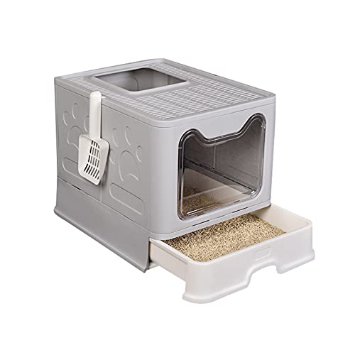 Klappbare Katzentoilette für Katze, voll verschlossen, Deodorant, Tiertoilette mit Schaufel, Katzentoilette für große Kapazität (Farbe: grau) von HJXX