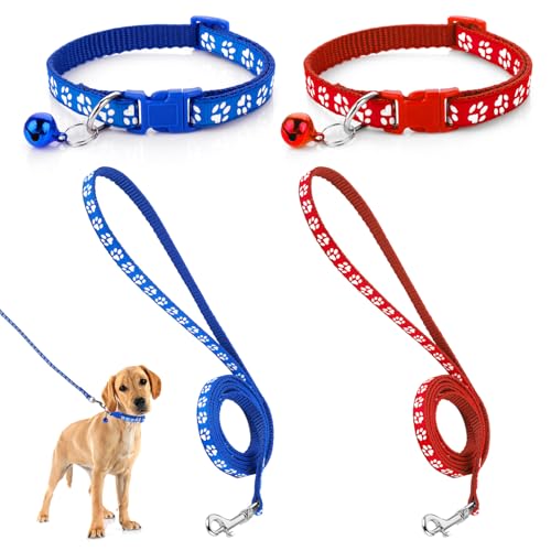 HJZHII Hundehalsband-Set für kleine und mittelgroße Hunde und Welpen, mit Sicherheitsschnalle, Nylon, verstellbar, langlebig, mit Glocke und 120 cm Leine (Blau, Rot) von HJZHII