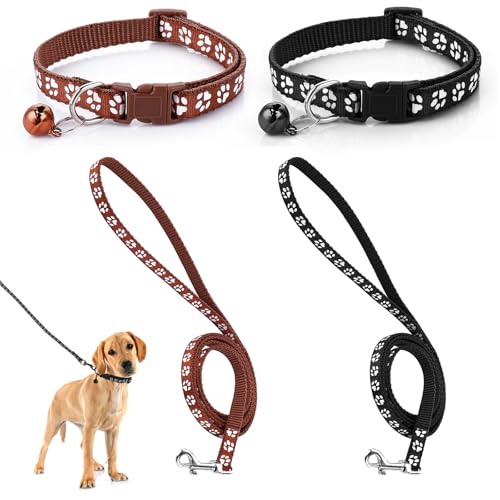HJZHII Hundehalsband-Set für kleine und mittelgroße Hunde und Welpen, mit Sicherheitsschnalle, Nylon, verstellbar, langlebig, mit Glocke und 120 cm Leine (Schwarz, Kaffee) von HJZHII