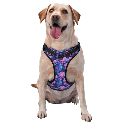 Hundegeschirr für kleine, mittelgroße und große Hunde, Easy Walk, Blauer Totenkopf, rosa Rose, kein Ziehen, Hundegeschirr, verstellbar, atmungsaktiv, reflektierende Haustierweste für Training, Spaz von HLBSDM