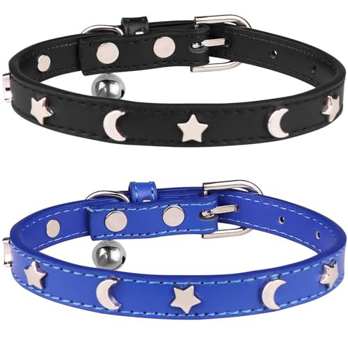 HLJ Leder-Katzenhalsband, Katzenhalsband mit Glöckchen, stilvolle Mond- und Sternnieten, verstellbar, Katzenhalsband für Jungen, Katzen, Schwarz und Blau, Größe S, 2 Stück von HLJ