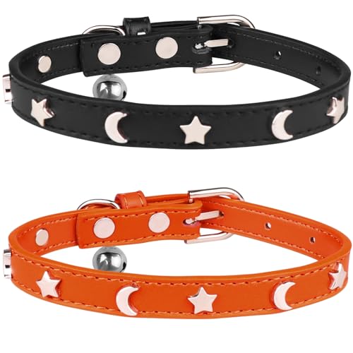 HLJ Leder-Katzenhalsband, Katzenhalsband mit Glöckchen, stilvolle Mond- und Sternnieten, verstellbar, Katzenhalsband für Jungen, Katzen, Schwarz und Orange, Größe S, 2 Stück von HLJ