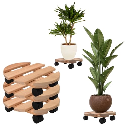 HLKauf 3er Pflanzenroller rund Rollbrett aus Buchenholz Rolluntersetzer 30 cm bis 120 Kg Transportroller für Pflanzen (3X Pflanzenroller 30cm rund & 1x HLKauf-Block) von HLKauf
