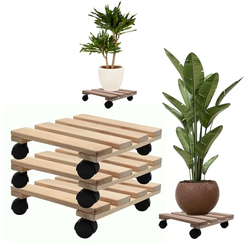 HLKauf 3er Pflanzenroller rund oder eckig Rollbrett aus Buchenholz Rolluntersetzer 30 cm bis 120 Kg Transportroller für Pflanzen (3X Pflanzenroller 30cm eckig & 1x HLKauf-Block) von HLKauf