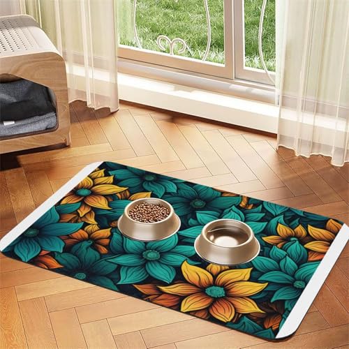 Futtermatte für Haustiere, Sonnenblumen, wasserdicht und rutschfest, für Hunde und Katzen, keine Flecken, schnell trocknend, Wasserspendermatte für Hunde, Gelb und Blau von HMBGFW