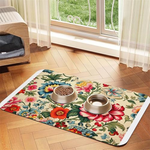 Futtermatte für Haustiere, bunte Blumen, wasserdicht und rutschfest, Wasserspender-Matte für Hunde und Katzen, fleckenfrei, schnell trocknend Futtermatte für Haustiere, bunte Blumen, wasserdicht und rutschfest, Wasserspender-Matte für Hunde und Katzen, fleckenfrei, schnell trocknend von HMBGFW