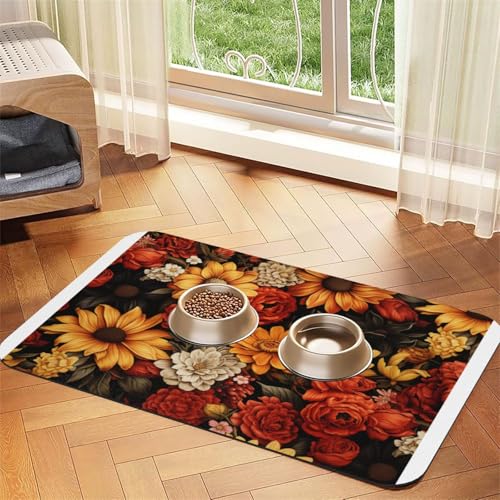 Haustier-Futtermatte mit verschiedenen blühenden Blumen, wasserdicht und rutschfest, für Hunde und Katzen, keine Flecken, schnell trocknend, Wasserspendermatte für Hunde von HMBGFW