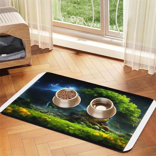 Mountain Forest in the Rain Haustier-Futtermatte, wasserdicht und rutschfest, für Hunde- und Katzenfutter, keine Flecken, schnell trocknend, Wasserspendermatte für Hunde von HMBGFW