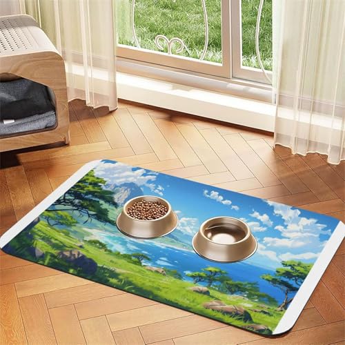 The Beauty of the Seaside Haustier-Futtermatte, wasserdicht und rutschfest, für Hunde- und Katzenfutter, keine Flecken, schnell trocknende Wasserspendermatte für Hunde von HMBGFW
