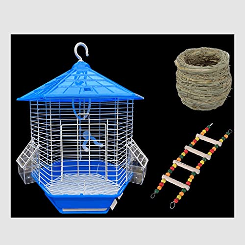 HMEI Dekorativer tragbarer Vogelkäfig mit Spielzeug, kleiner Flugkäfig mit Rollständer und herausnehmbarer Bodenwanne für kleine Vögel, Blau (Farbe: Set C) von HMEI