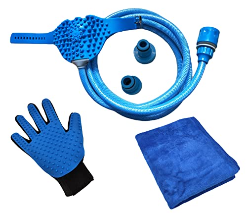 HMH-Shop Haustier Hundedusche 5tlg. Bade-Kit Bade-Set Waschanlage Hund Haustierdusche Fellhandschuh Brausehandschuh Duschkopf Handtuch Katze Haustierpflege 1/2 + 3/4 Zoll Schlauchanschluss von HMH