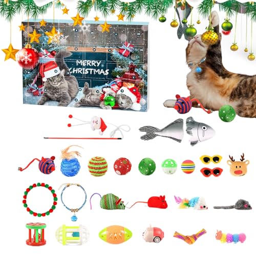Katzen-Adventskalender 2023, Katzen-Weihnachtsspielzeug,24-teiliges Interaktives Katzenspielzeug Für Hauskatzen–Weihnachts-Katzenhalsbänder,Künstliche Mausglockenbälle Als Geschenk Für Katzenliebhaber von HMLTD